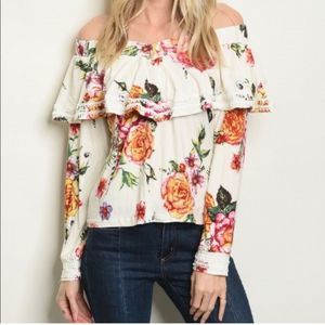New White Floral Off The Shoulder Floral Summer Long Sleeve Top Large